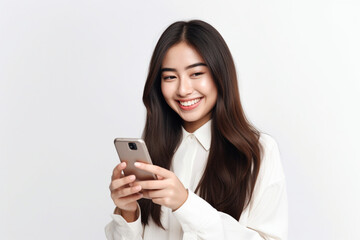 Photo of smiling asian woman with long dark hair holding and using black mobile phone, isolated over white background in studio