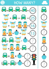 How many vehicles game, equation or rebus. Air, water, land transportation math activity for school children. Simple printable counting worksheet for kids with car, helicopter, train, ship.