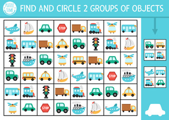 Transportation seek and find game with traditional symbols. Attention skills training puzzle. Transport printable activity for kids. Searching puzzle with car, truck, bus, plane. Find groups of object