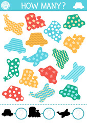 Counting and shape recognition game with cute transport. Math and shadow matching activity for preschool kids. Transportation printable worksheet. Educational puzzle with plane, train, car.