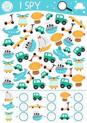 Transportation I spy game for kids. Searching and counting activity with plane, car, ship, scooter. Air, water, land transport printable worksheet for preschool children. Simple spotting puzzle