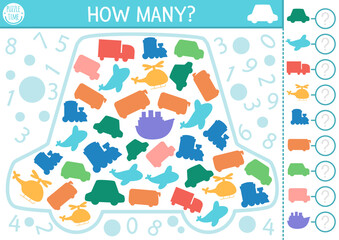 Transportation I spy game for kids in vehicles shape. Searching and counting activity with car, plane, train, helicopter. Transport printable worksheet for preschool children. Simple spotting puzzle.