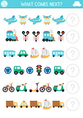 What comes next. Transportation matching activity for preschool children with plane, car, scooter, train, boat, bus. Air, water, land transport logical worksheet. Continue the row game.