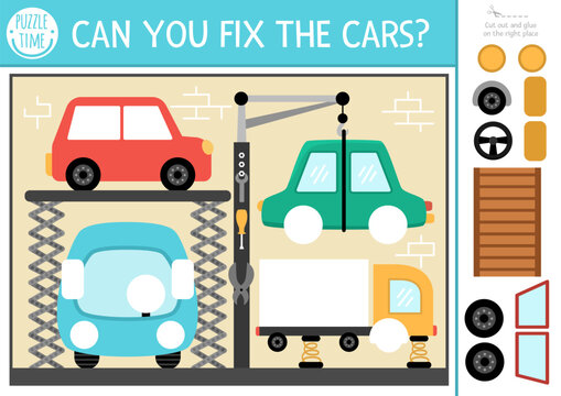 Vector transportation cut and glue activity. Crafting game with cute car repair service landscape, car, truck, bus. Fun transport printable worksheet for kids. Complete the picture. Fix the vehicles.