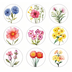 Fototapeta na wymiar Set of circle shapes, Clip art flowers only in circle, watercolor, clipart flower style