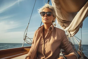 Stoff pro Meter Portrait of satisfied mature woman with sunglasses sitting on her sailing yacht and enjoying the summer vacation. Concept of leisure, recreation, luxury lifestyle. Generative AI. © Aul Zitzke