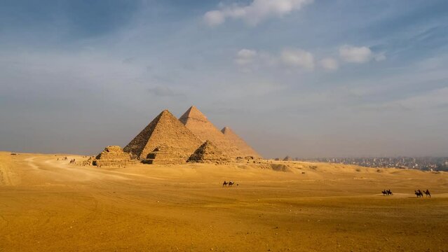 Timelapse of sunny day at Pyramid complex of Giza, in Cairo, Egypt.
