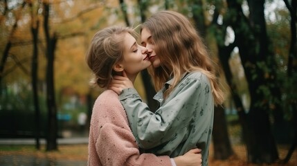 Fototapeta premium Young happy couple two girls in casual clothes, lesbians hug and kiss each other. Pride day in the month of June love LGBTQ concept. Generative AI