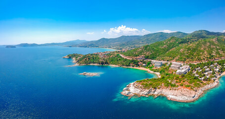 Fototapeta na wymiar Aerial view of sand beach and blue water near Kavala, Greece, Europe