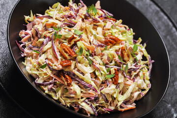 fresh coleslaw with cabbage, carrots, onion, pecan