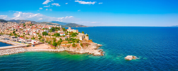 Aerial view of old town and sea in Kavala, Macedonia, Greece, Europe