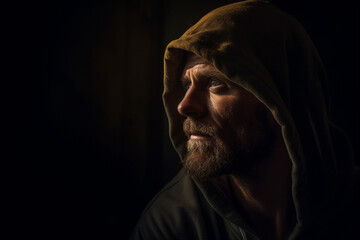 Portrait of a man looking at the light from the darkness, dark light