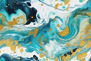 Ink and watercolor marbling turquoise and gold background