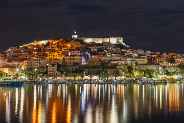 Fototapeta na wymiar Old town, castle, sea in Kavala, Macedonia, Greece, Europe at night