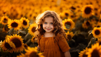 Kleines süßes Mädchen im Sonnenblumen Feld mit schöner Sonnenlicht Stimmung Porträt, ai generativ