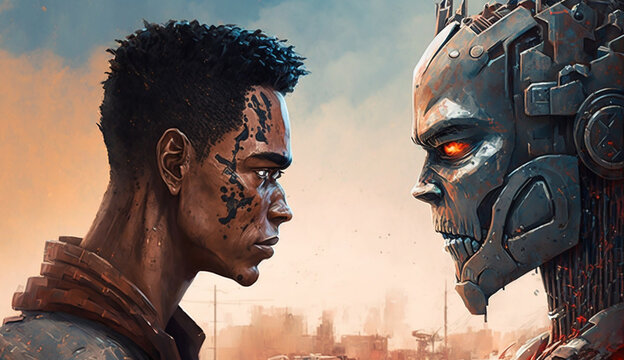 Scary Robot and Man looking at each other with anger