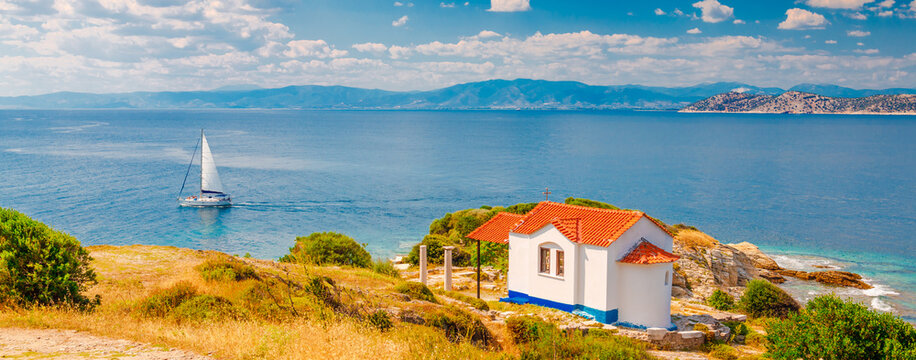 Old church and sea shore near Limenas, Thassos island, Greece, Europe