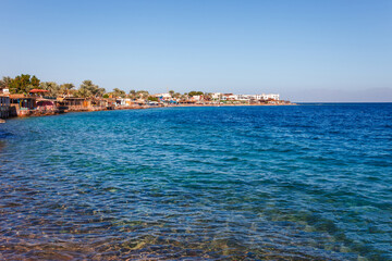 Sunny resort beach on the Red Sea in Sharm el Sheikh, Sinai, Egypt