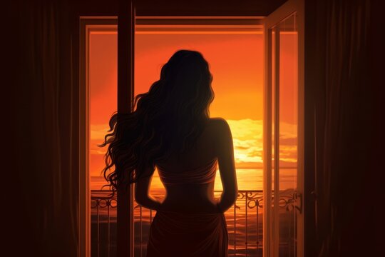 The Silhouette Of A Young Woman Looking Out Of A Window Overlooking The Sea