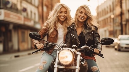 Fototapeta na wymiar Young happy two girls in leather jackets, riding a motorcycle, biker hobbies, concept: partnership, girlfriends or LGBTQ couple. Generative AI