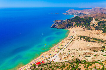 Aerial sea view of Tsambika beach, Rhodes island, Greece, Europe