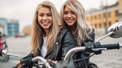 Naklejka na ściany i meble Young happy two girls in leather jackets, riding a motorcycle, biker hobbies, concept: partnership, girlfriends or LGBTQ couple. Generative AI
