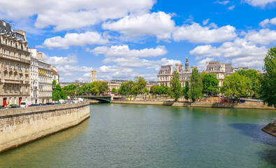 Fototapeta na wymiar Cityscape with Seine river and bridge in Paris, France, Europe in summer