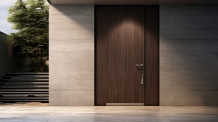 What better way to enter your perfect home than through a modern simple wooden door. Generative AI Technology 