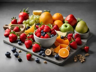 Healthy food clean eating selection fruit, seeds, vegetable, superfood, cereal, leaf vegetable on gray concrete background