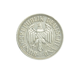Obverse of One Mark coin made by Germany in 1965, that shows An eagle, Emblem of Germany