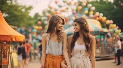 
Young happy two girls walking in the park holding hands, date outdoors, concept: partnership, girlfriends or LGBTQ couple. Generative AI