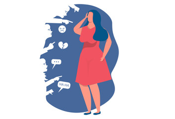 ​​Bullying concept,woman depressed with People bullying a girl on message bubbles with body shaming and bullying concept abuse concept. Vector flat cartoon illustration