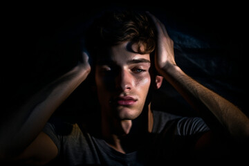 young man with dark background basking in the light with eyes close