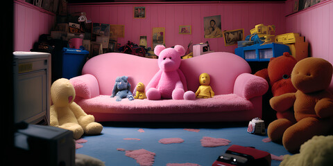  Wide angle view of a room with toys and peluche with pink moquette.