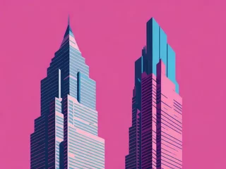 Deurstickers Roze Skyscraper in pastel colors on pink background, AI generated