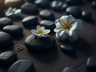 Fototapeta na wymiar Spa stones lying on each other with white flowers, AI generated