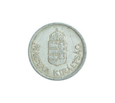 Obverse of One Pengo coin made by Hungary in 1941, that shows Coat of Arms