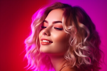 Portrait of young charming girl, student with wavy hair posing over pink studio background in neon light, Side view, Cheerful mood