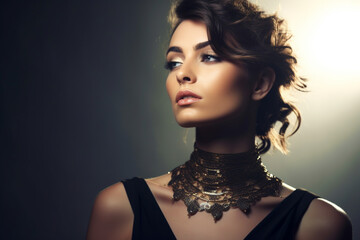 portrait of a woman with bare shoulders and jewelry on her neck on a light background, dark light photography