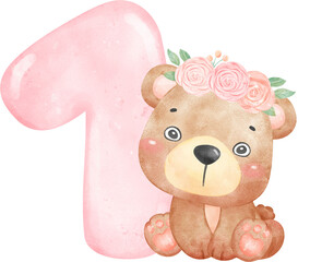 Baby Bear Birthday Girl with Numbers 1 , Wearing Flower Crown,Watercolor Nursery PNG Set © Natsicha