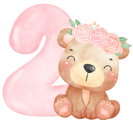Baby Bear Birthday Girl with Numbers 2 , Wearing Flower Crown,Watercolor Nursery PNG Set