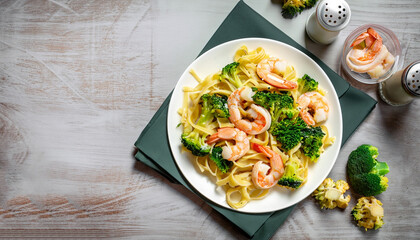 Pasta with broccoli and shrimp on a plate, top view