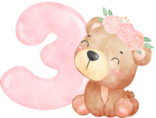 Baby Bear Birthday Girl with Numbers 3, Wearing Flower Crown, Watercolor Nursery PNG Set
