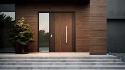 Fototapeta premium What better way to enter your perfect home than through a modern clear wooden door. Generative AI Technology 