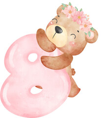 Baby Bear Birthday Girl with Numbers 8, Wearing Flower Crown,Watercolor Nursery PNG Set © Natsicha