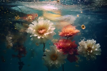 Fototapeta na wymiar Colorful pastel spring flowers in under water and refracting sun rays.