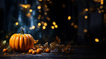 Viele Kürbisse mit wunderschöner Bokeh Lichtstimmung zu Halloween Nahaufnahme, ai generativ