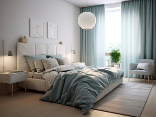 Modern Design of a bedroom with carpet in grey and blue 
