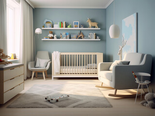 A modern nursery with shelves for a boy modern style