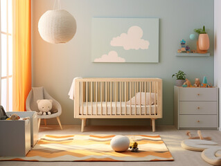 Baby crib and chest of drawers in a modern bright cozy nursery